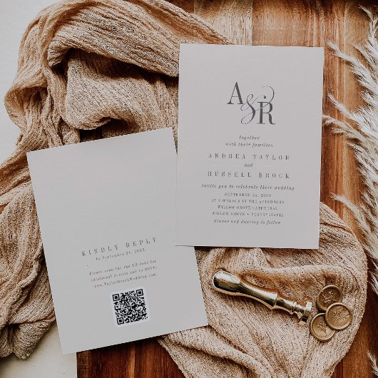 ANDREA Beige QR Code Classic Elegant Wedding Kaart