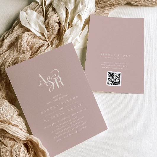 ANDREA Blush Roze QR Code Klassieke Elegante Trouw Kaart