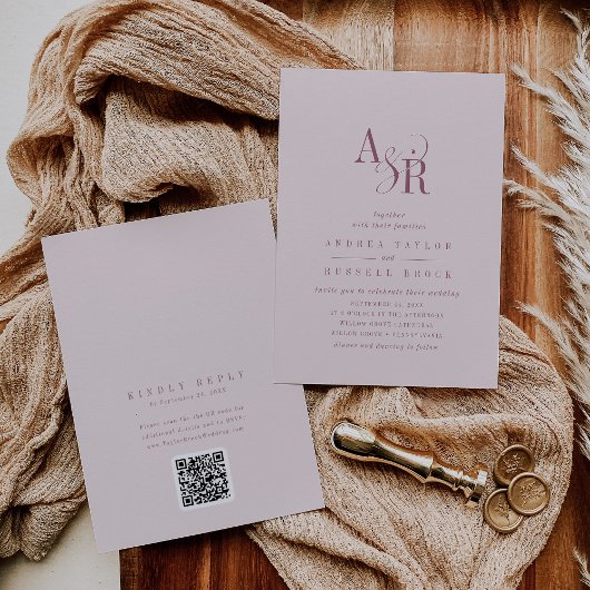 ANDREA Bourgondië en Blush QR Code Elegante Trouwd Kaart