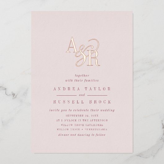 ANDREA Burgundy Blush Pink Rose Gold Foil Wedding Folie Uitnodiging (Voorkant)