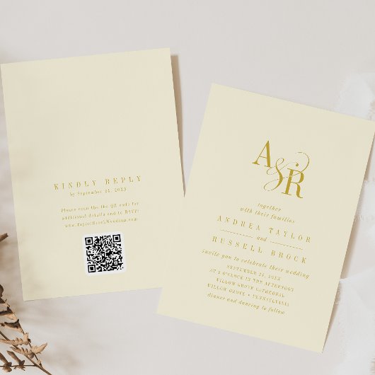 ANDREA Butter Yellow QR Code Elegant Wedding Kaart