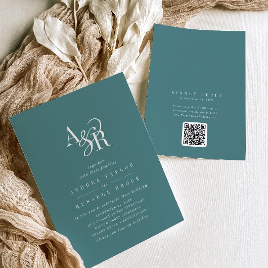 ANDREA Dark Teal QR Code Classic Elegant Wedding Kaart