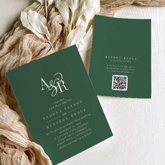 ANDREA Donkergroene QR-code Klassieke Elegante Tro Kaart