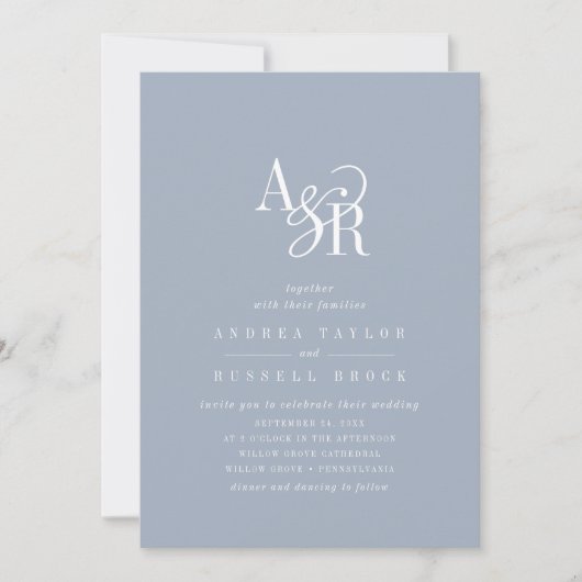 ANDREA Dusty Blue QR Code Classic Elegant Wedding Kaart (Voorkant)