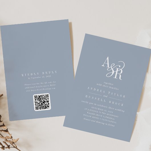 ANDREA Dusty Blue QR Code Classic Elegant Wedding Kaart