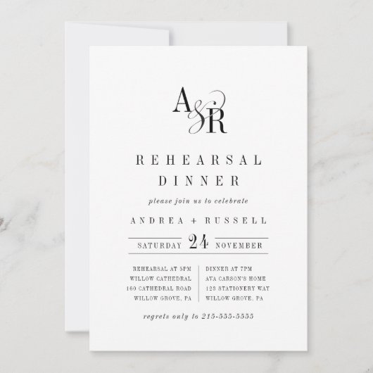 ANDREA eenvoudige moderne monogram repetitie diner Kaart (Voorkant)