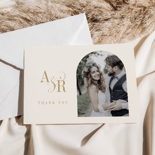 ANDREA Flat Minimal Gold Cream Boho Fotobruiloft Bedankkaart