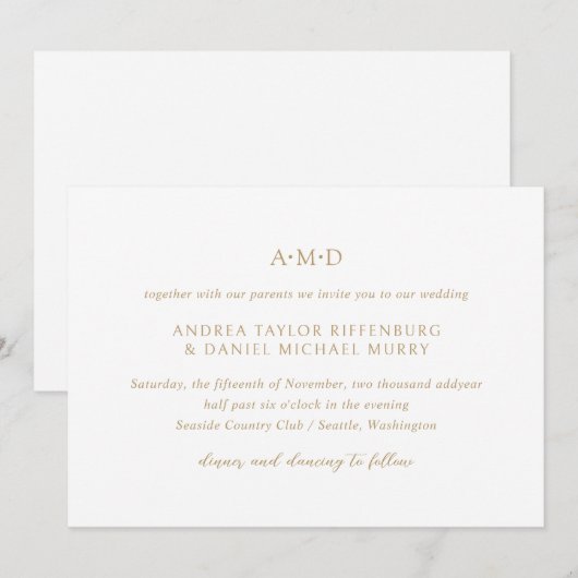 Andrea Gold Elegant Wedding Kaart (Voorkant / Achterkant)