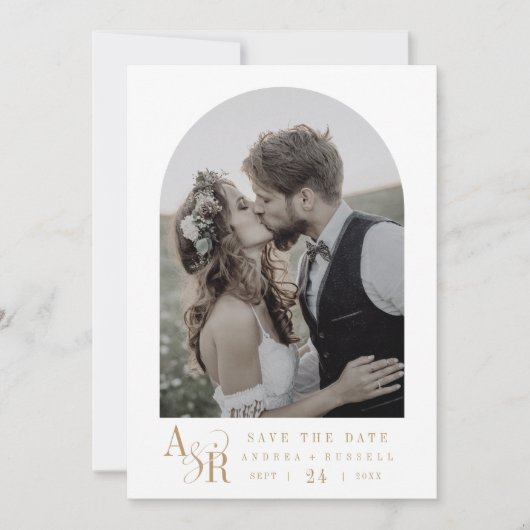 ANDREA Gold White Minimalist Boho Initialen Weddin Save The Date (Voorkant)