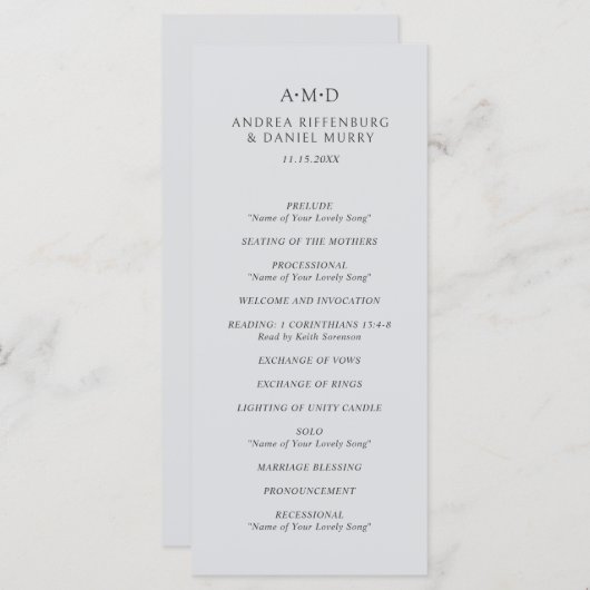 Andrea Gray Elegant Wedding Programmakaart (Voorkant / Achterkant)