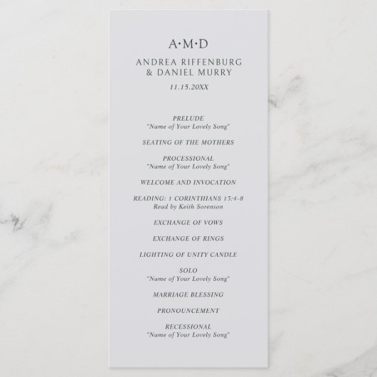 Andrea Gray Elegant Wedding Programmakaart (Voorkant)