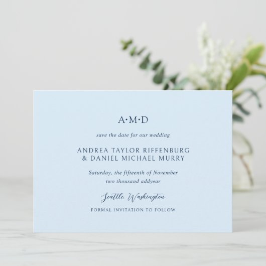 Andrea Hemelblauw Elegante Trouw Save The Date (Staand voorkant)