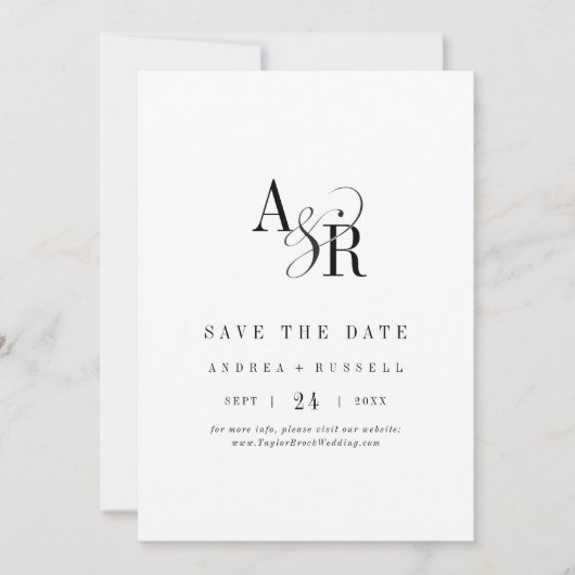 ANDREA Monogram Eenvoudig Modern Wit Zwart Trouwen Save The Date (Voorkant)