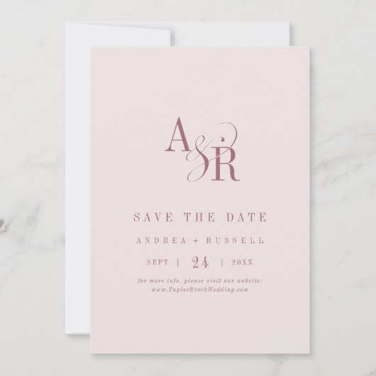 ANDREA Monogram Eenvoudige Burgundy Roze Trouw Save The Date (Voorkant)