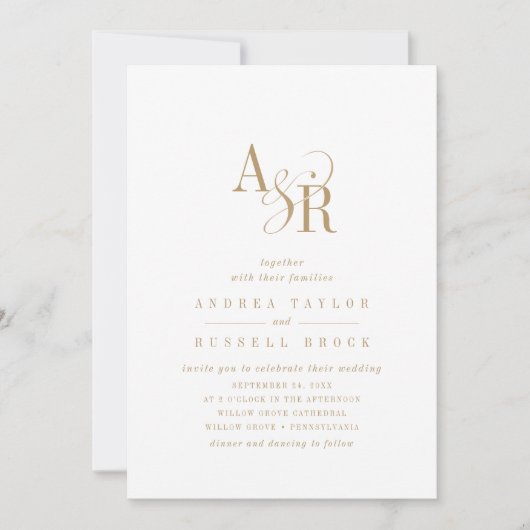 ANDREA Monogram Goud Eenvoudige Minimale Foto Huwe Kaart (Voorkant)