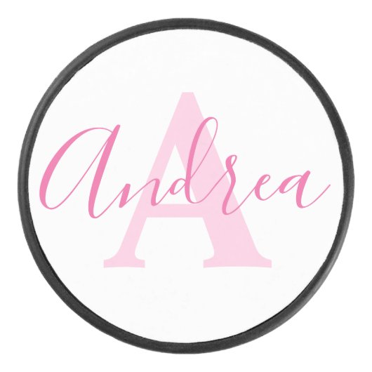 Andrea monogram roze tekst aangepaste naam initiaa hockey puck (Voorkant)