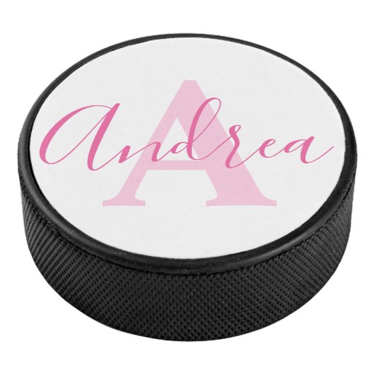 Andrea monogram roze tekst aangepaste naam initiaa hockey puck (3/4)