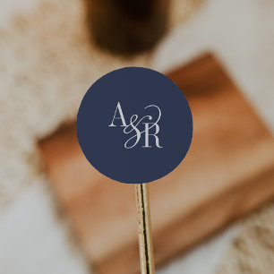 ANDREA Navyblauw Modern Eenvoudig Trouwmonogram Ronde Sticker