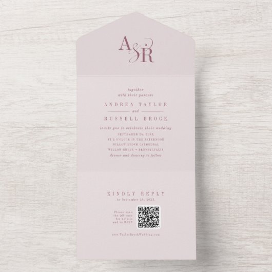 ANDREA QR Code Burgundy Blush Pink Simple Wedding All In One Uitnodiging (Binnen)