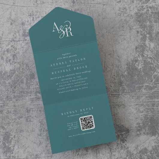 ANDREA QR Code Dark Teal Simple Minimal Wedding All In One Uitnodiging