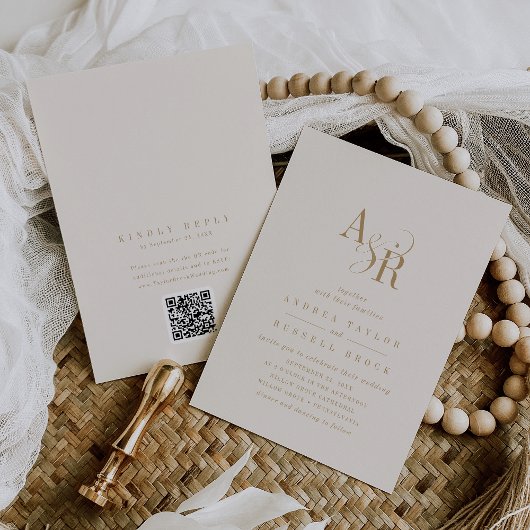 ANDREA QR Code Gold Cream Modern Wedding Kaart