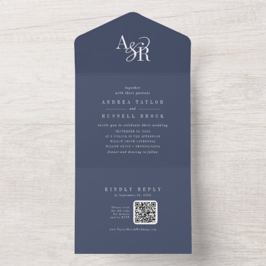 ANDREA QR Code Navy Blue Simple Minimal Wedding All In One Uitnodiging (Binnen)