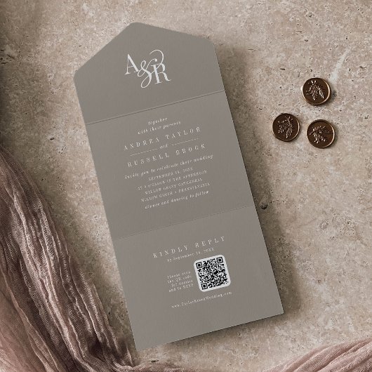 ANDREA QR-code rustieke taupe eenvoudige minimale  All In One Uitnodiging