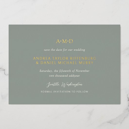 Andrea Sage Green Elegant Wedding Save The Date Folie Uitnodiging (Voorkant)