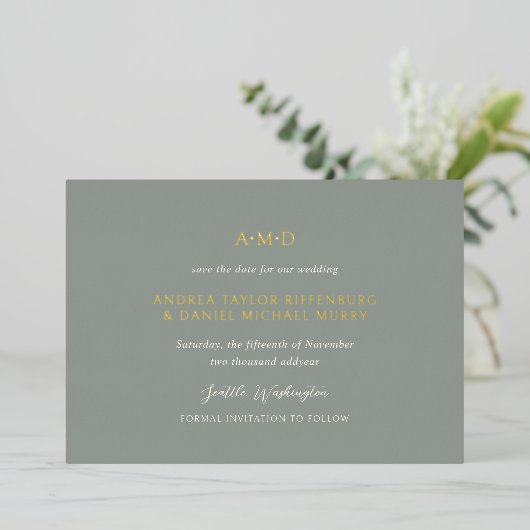 Andrea Sage Green Elegant Wedding Save The Date Folie Uitnodiging (Staand Voorkant)
