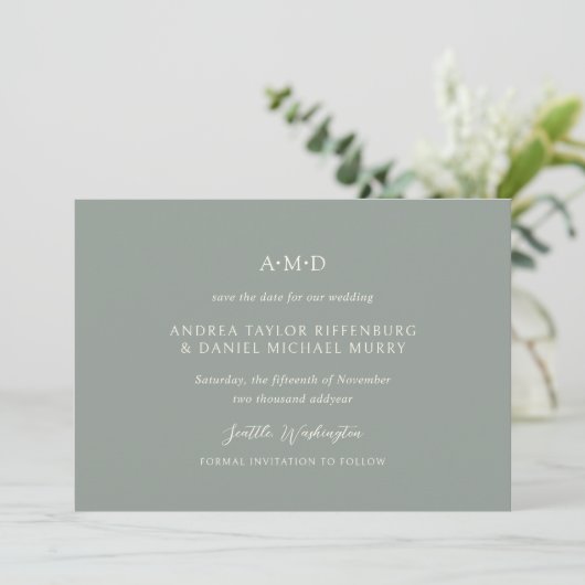 Andrea Sage Green Elegante Trouw Save The Date (Staand voorkant)