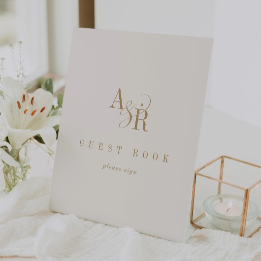 ANDREA Simple Gold Cream Wedding Guest Book Sign Reclamebord Met Voetstuk
