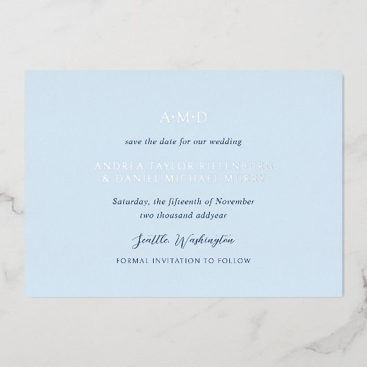 Andrea Sky Blue Elegant Wedding Bewaar de datum Folie Uitnodiging (Voorkant)