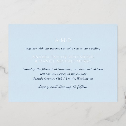 Andrea Sky Blue Elegant Wedding Folie Uitnodiging (Voorkant)