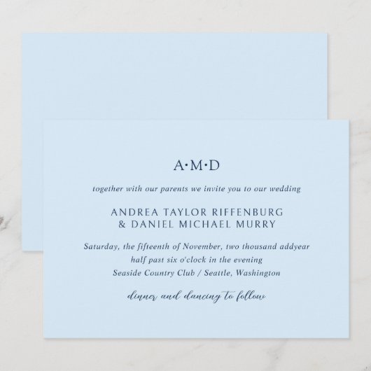 Andrea Sky Blue Elegant Wedding Kaart (Voorkant / Achterkant)