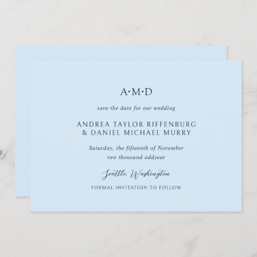 Andrea Sky Blue Elegant Wedding Save The Date (Voorkant / Achterkant)