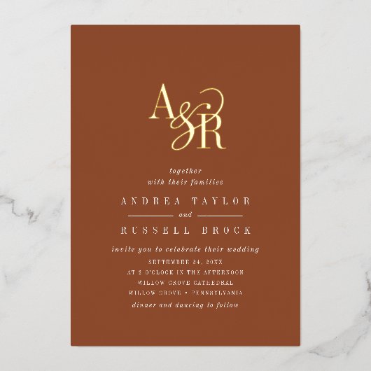 ANDREA Terracotta Goud Folie Formeel Elegant Trouw Folie Uitnodiging (Voorkant)