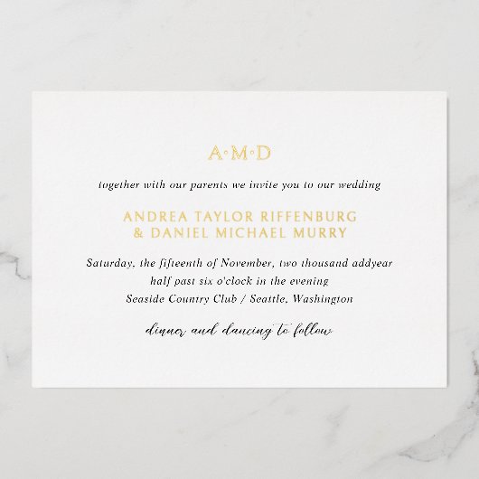 Andrea Zwart Wit Elegant Huwelijk Folie Uitnodiging (Voorkant)