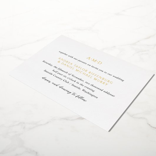 Andrea Zwart Wit Elegant Huwelijk Folie Uitnodiging (Gedraaid)