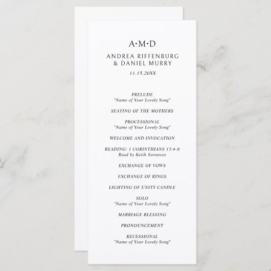 Andrea Zwart Wit Elegant Huwelijk Programmakaart (Voorkant / Achterkant)