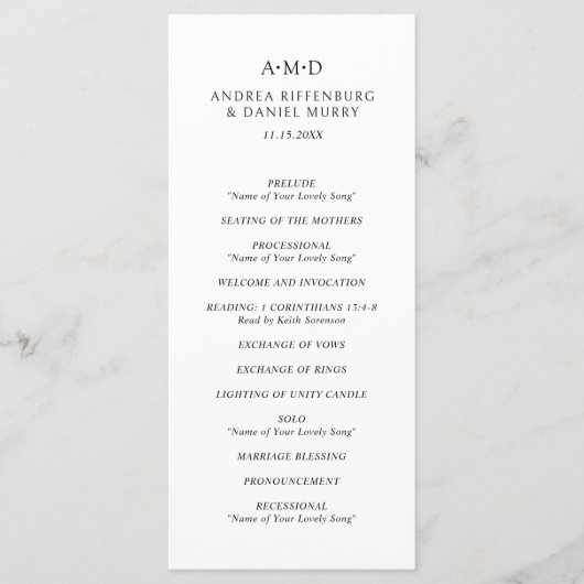 Andrea Zwart Wit Elegant Huwelijk Programmakaart (Voorkant)