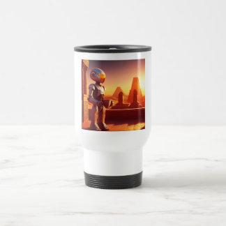 Android drinkt koffie terwijl hij naar piramides k reisbeker