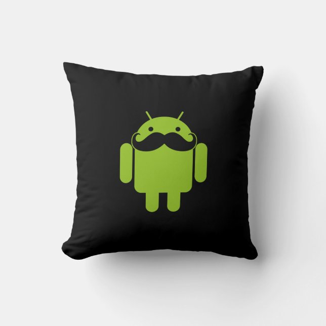 Android Robot Icon Mustache op zwart Kussen (Voorkant)