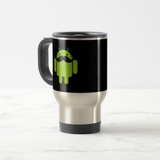Android Robot Icon Mustache op zwart Reisbeker (Voorkant links)