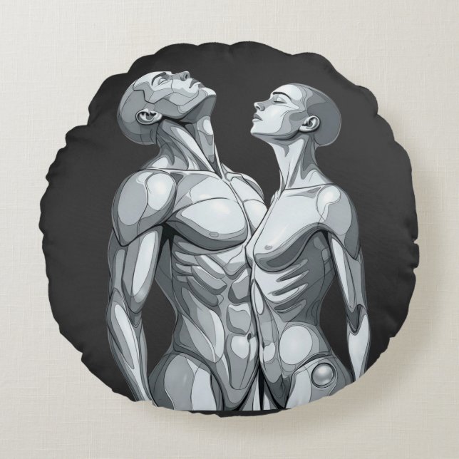 Android Union: Cyborg Couple Round Pillow Rond Kussen (Voorkant)