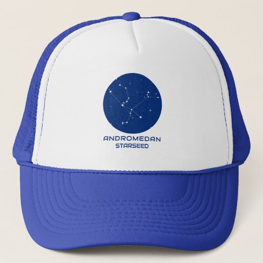 Andromedan Starseed Trucker Hat – Blauw & Wit Trucker Pet (Voorkant)