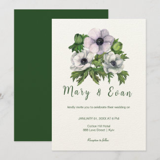 Anemonbloemen zijn paars-grijze bruiloft kaart