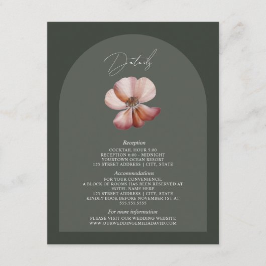 Anemone Arch Donker Groen Trouwdetails Informatiekaartje (Voorkant)