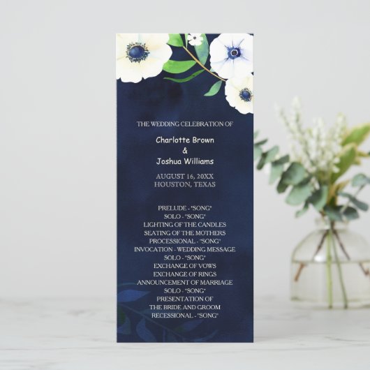 Anemone Bloemen Navy Blauw Bruiloft Programmakaart (Staand voorkant)