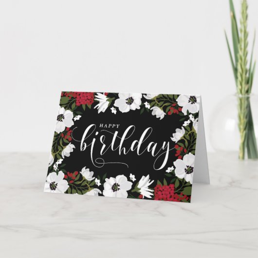 Anemone Blooms | Witte en rode Happy Birthday Kaar Kaart (Voorkant)