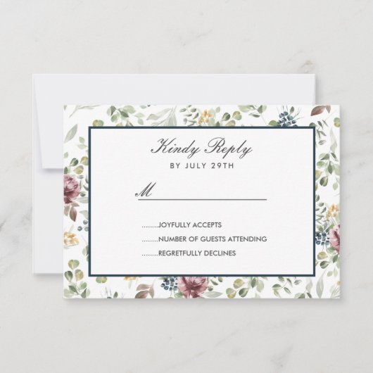 Anemone Blush Blauwe chique bloemen Bruiloft RSVP (Voorkant)